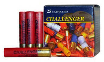 A box of Challenger Ammo 12 Gauge 250 Rounds is shown with red 2 3/4 shells, labeled as 1 oz Lead #8 shot target load, some upright and others lying in front of the box. The brand is Challenger Ammo.