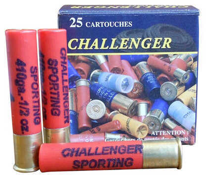 A box of Challenger Ammo 410 Gauge 250 Rounds #8 lead shells is displayed, with three red target load shells shown in front.