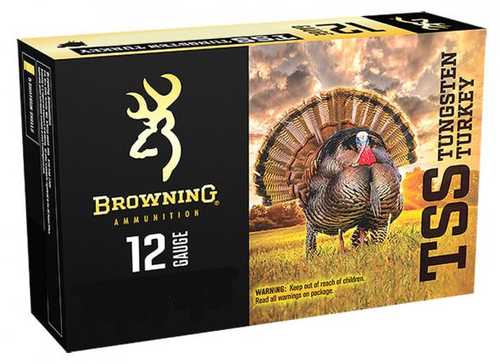 Box of Browning 12 Gauge 5 Rounds Ammunition, 3 1 3/4 oz Tungsten #7, in Browning’s signature yellow-black packaging with deer logo and a large wild turkey image on the box.