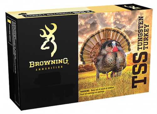 A box of Browning 20 Gauge 3 1 1/5 oz Tungsten #7 Turkey Ammunition (5 rounds), featuring a deer head logo, black background, and a wild turkey in a sunset field.