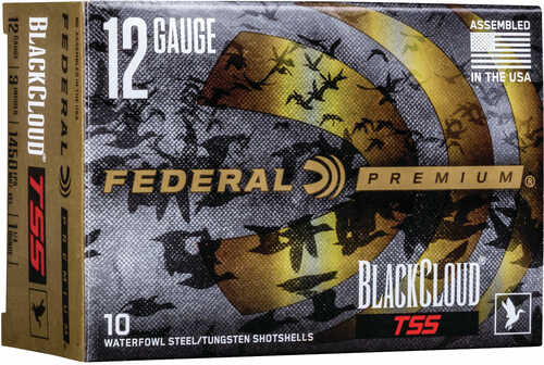 A box of Federal Black TSS 12 Gauge 3in 1 1/4oz Tungsten #3 & #9 waterfowl shotshells by Federal, assembled in the USA, features black and gold graphics and contains 10 shells.