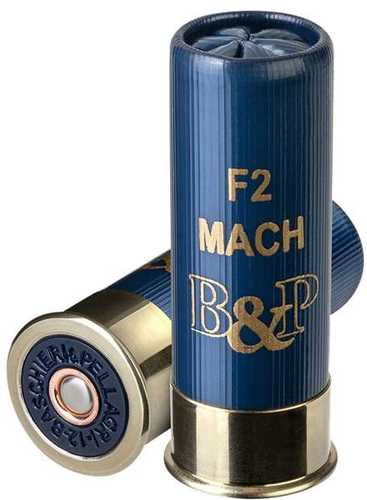 Two blue Baschieri & Pellagri 12 Gauge 2 3/4 shells (1 1/8 oz) with gold bases, one upright labeled F2 Match B&P, the other lying down showing its primer. Features #7.5 shot for reliable performance.