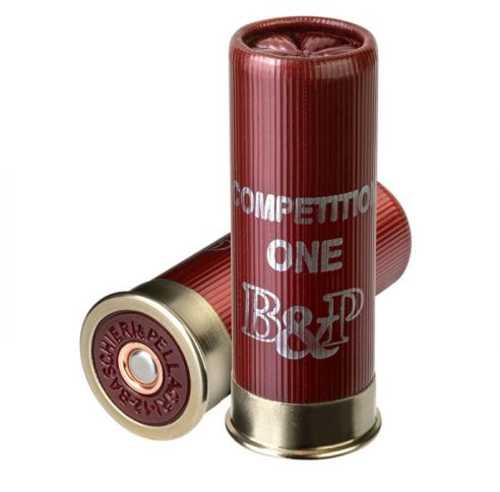 Two red Baschieri & Pellagri 20 Gauge 2-3/4 #9 shotgun shells are shown, one upright and one lying down; both have brass bases and display COMPETITION ONE B&P, highlighting quality competition ammo.