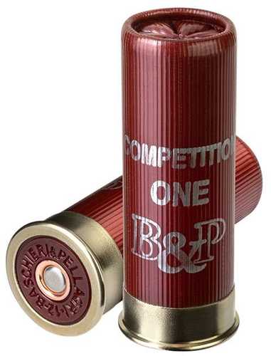 Two red Baschieri & Pellagri 28 Gauge 2-3/4 3/4 oz #9 shotgun shells with gold bases are shown, one upright and one lying down. COMPETITION ONE B&P by Baschieri & Pellagri is printed on the side in white letters.