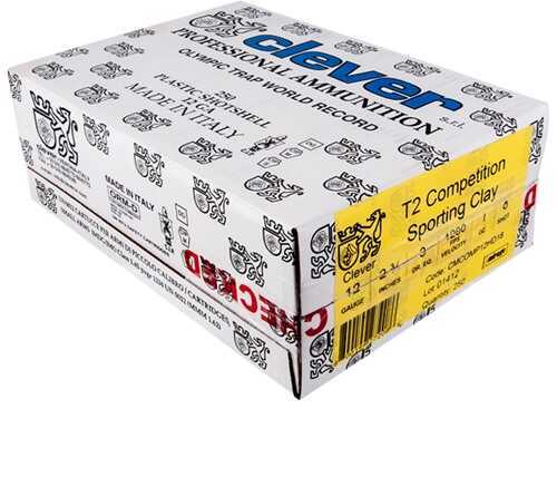 A white and yellow Clever box labeled 12 Gauge 250 Rounds Ammunition Clever 2 3/4\ 1 oz Lead #8 contains shotshells, features black text/logos, a yellow label with details, red sealing tape—ideal for target shotgun ammo fans.