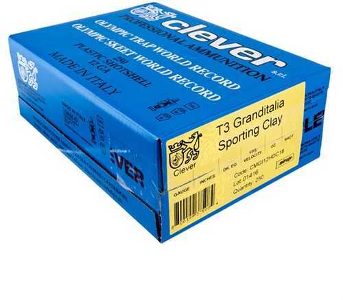 A blue Clever box of 12 Gauge 250 Rounds Ammunition, 2 3/4 1 oz Lead #8—ideal for sporting clays and clearly labeled with product details, barcode, and Made in Italy text.