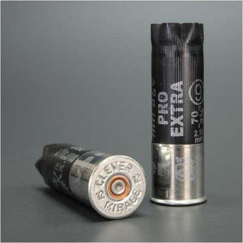 Two black Clever 12 Gauge 2 3/4 ammunition shells are shown, one upright and one lying down, displaying the primer and base. Both read PRO EXTRA and #7 1/2 Shot, matching the Clever 1 oz Lead #7 1/2 product.
