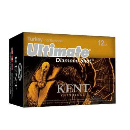 A box of Kent Cartridges Ultimate Turkey Shot 12 Gauge 3 Inch, 10 rounds, features a turkey illustration and bold white and gold text on a black background.
