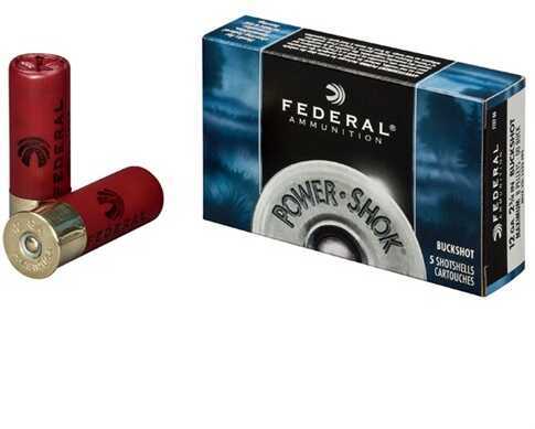 Two red 12 Gauge shells stand upright and on their sides beside a blue and black Federal box labeled 5 Rounds Ammunition, 2 3/4, 27 Pellets Lead #4 Buck by Federal.