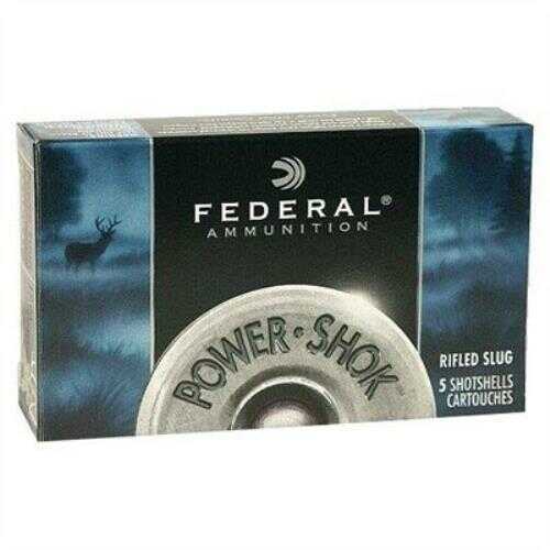 A box of Federal 20 Gauge Ammunition, 5 rounds of 3/4 oz slugs. The packaging displays a metallic slug and deer silhouette set against a misty forest background.