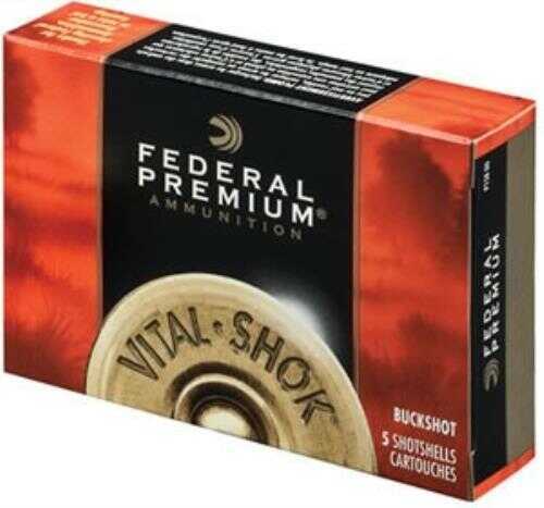 A box of Federal 12 Gauge 5 Rounds Ammunition features 3 shells loaded with 41 lead #4 buck pellets, designed for reliable performance and magnum muzzle velocity. Distinctive red and black packaging highlights the Federal brand.