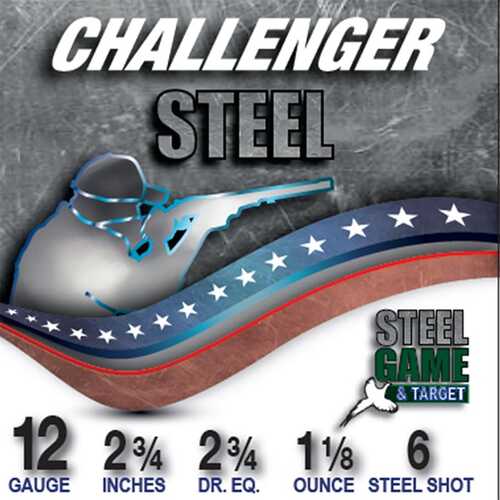 Box label for Challenger Steel Game & Target 12 Gauge Shotgun Ammo by Challenger Ammo features a shooter silhouette. Specs: 2 3/4, 2 3/4 dr. eq., 1 1/8 oz, #6 steel shot—great for game and target shooting.