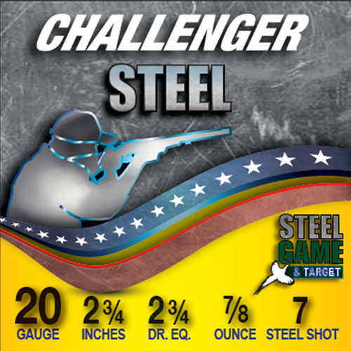 Challenger Ammo’s Steel Game & Target 20 Gauge 2 3/4 #7 Shot, 7/8 oz, features a shooter silhouette and highlights its ideal use for both game and target shooting. Box contains 250 rounds at 1325 fps.