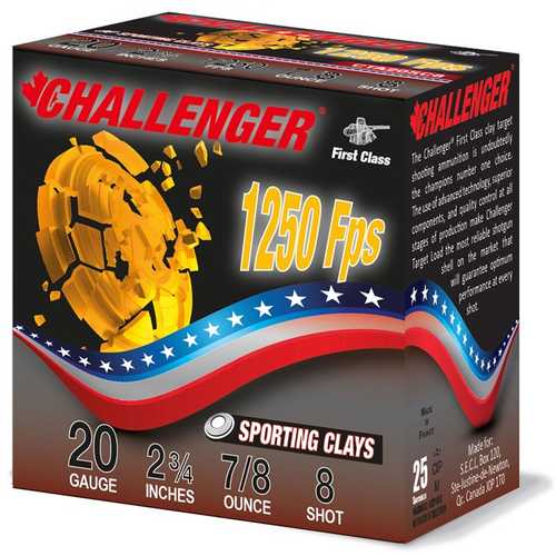 Challenger Ammo First Class Sporting Clay 20 Gauge Shotgun Ammo, #8 shot, 2 3/4, 7/8 oz, 1250 fps. Bold red, white & blue box with broken clay graphic—ideal for your next sporting clays round.