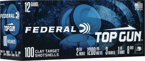 Federal Top Gun 12GA Shotshells, 1 1/8 oz, 1180 fps, #8 shot—ideal for clay shooting. Includes 100 rounds per box. Brand: Federal.