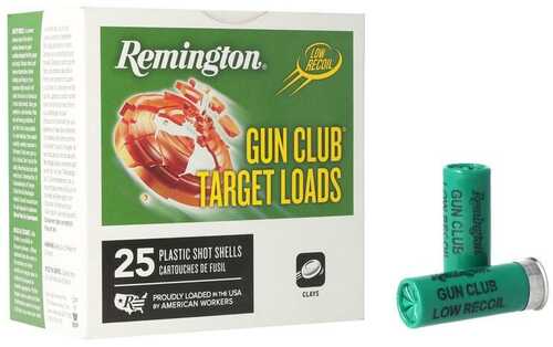A box of Remington Gun Club Target Shotshells 12 Gauge 2-3/4 Inch 1 Oz (25-count) by Remington is shown, with two green shells beside it. The packaging highlights Low Recoil and target imagery.