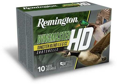 Remington Wingmaster 12 Gauge Shotshells, 1-1/4oz, 10ct box by Remington, featuring images of ducks and geese and labeled high energy Tungsten Blend 11, 6 G/CC.