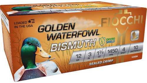 A box of Fiocchi Ammo Golden Bismuth 12 Gauge 3 Inch Shells, 1450 FPS, Size 2, features a mallard duck image, EnviroShield highlight, “Loaded in the USA,” and contains 10 shells.