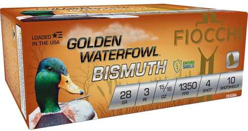 Box of Fiocchi Ammo Golden Waterfowl Bismuth 28 Gauge 3 Inch #4 Shot shells, featuring 15/16 oz payload, 1350 FPS, non-toxic. Includes 10 shells per box with striking orange accents and a duck image on the packaging.