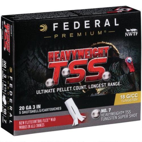 Federal 20 Gauge Heavyweight #7 Turkey Ammo, 3 shells, 1 1/2 oz, box of 5 rounds. Features Federal branding and turkey image.