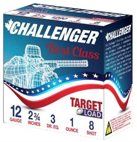 A box of Challenger Ammo 12 Gauge 250 Rounds, 2 3/4, 1 oz lead #8; packaging features a shooter line drawing and a red, white, and blue patriotic design.