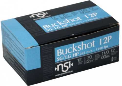A box of Nobel Sport 12 Gauge 10 Rounds 00 Buckshot shotgun shells, featuring 12 pellets per shell; from Nobel Sport.