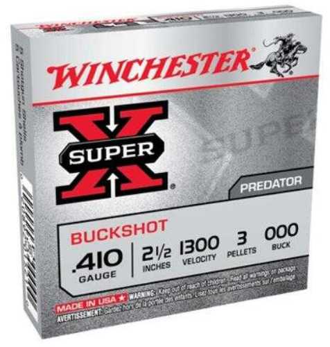 A box of Winchester 410 Gauge 5 Rounds Ammunition, 2.5, 3 Lead #000 Buck pellets, featuring red and black text on a silver background.