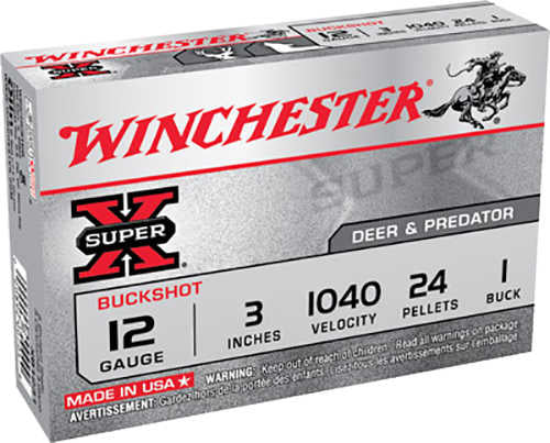 A box of Winchester 12 Gauge ammunition, 3 shells with 24 lead #1 buck pellets, 5 rounds per box. Designed for deer and predator use; the packaging features red and black text and highlights buffered shot.