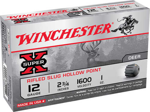 A box of Winchester 410 Gauge 2 1/2 1/5 oz Lead #Slug ammunition (5 rounds), great for shotgun hunting. The packaging features the classic Winchester branding, with striking silver color and iconic graphics.