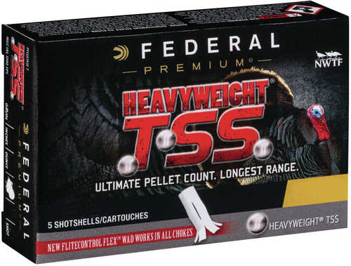 A box of Federal 12 Gauge 3 1/2 Heavyweight #9 shotshells contains 5 rounds, each loaded with 2 1/4 oz of premium Tungsten Super Shot for high pellet count and extended range. Black box with red and white text.