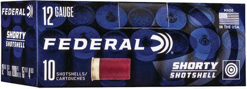 Federal Shorty 12 Gauge by Federal, box of 10 red shotgun shells with bold white text and a small American flag, loaded with #4 buck for reliable U.S.-made performance; shell length is one and three quarter inch.