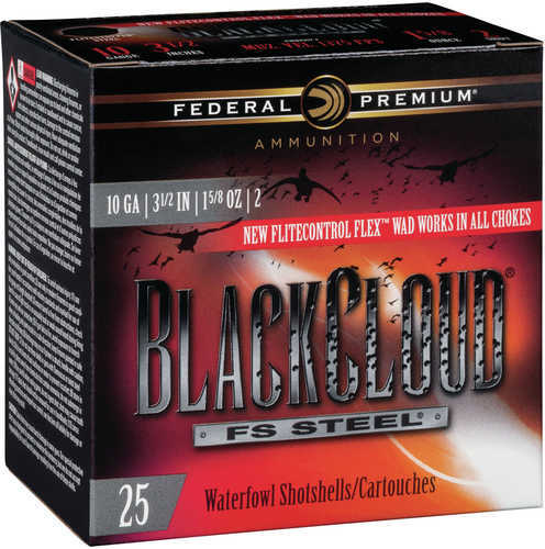 A box of Federal Black Cloud 10 Gauge 3.5in 1 5/8oz Two Shot shells by Federal, featuring FLITECONTROL FLEX wad for waterfowl and containing 25 rounds.