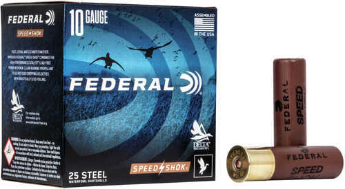 A box of Federal 10 Gauge Speed Shok One Half Oz T Shot 25 Rounds is displayed beside two brown T shot shells with brass bases. The Federal packaging features flying ducks and prominent branding.