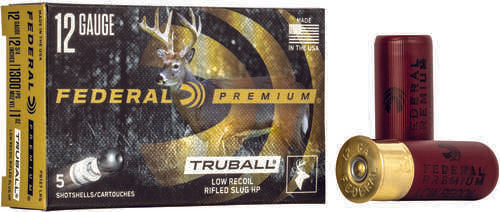 A Federal Premium Vital-Shok TruBall 12 Gauge 2.75 1 oz Rifled Slug Shot 5 Round Box is shown with two red shells beside it; the box, branded Federal, contains 5 rounds for smooth bore shotguns.
