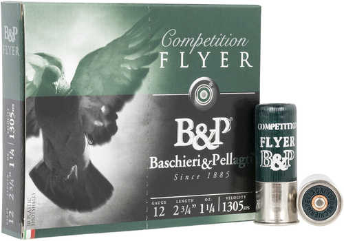 A box of Baschieri & Pellagri BP Pigeon 12 Gauge High Velocity 8 Shot Shells is pictured with a bird in flight, accompanied by two shells—one standing upright and one lying beside the box.