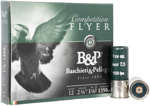 A box of Baschieri & Pellagri BP Pigeon 12 Gauge Quarter Oz High Velocity 7.5 Shotshells is shown, featuring a bird in flight on the packaging. Two shells labeled 7.5 shot and 1350 fps are displayed in front.