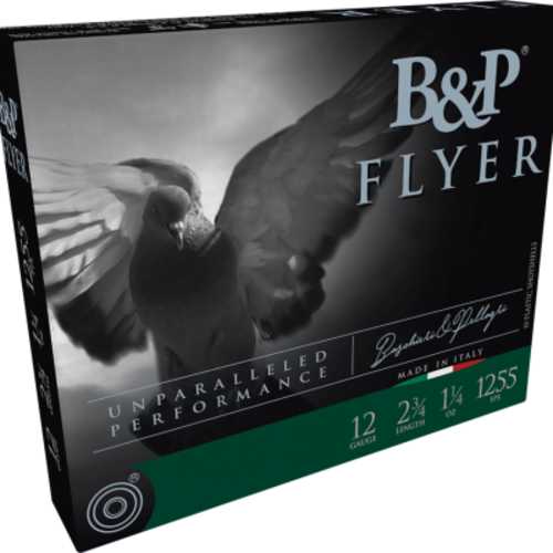 Box of Baschieri & Pellagri BP Pigeon 12 Gauge Competition High Velocity 7.5 Shot Shells, featuring a flying pigeon image and Unparalleled Performance text—ideal for high-velocity power in flyer competitions.