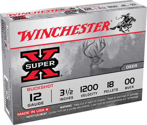 Winchester 12 Gauge 5 Rounds Ammunition, 3 1/2, #00 Buck, 18 lead pellets per shell—ideal for deer hunting. Features classic red and black branding with deer icon and specs: velocity 1200 fps.