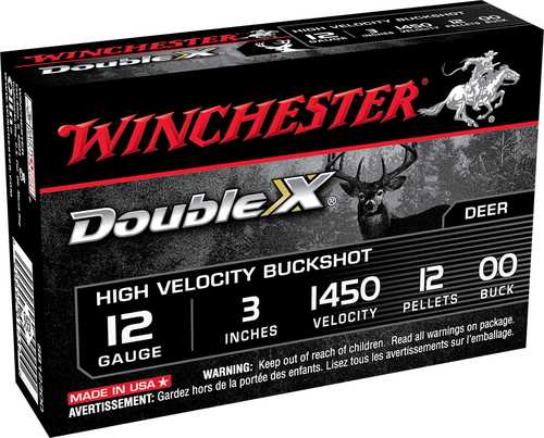 Winchester 12 Gauge 5 Rounds Ammo, 3 shells with 12 lead #00 buck pellets and high velocity—ideal for deer hunting.