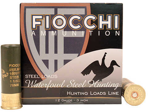 A box of Fiocchi Ammo Speed Steel 12 Gauge BB Shot Shell 3 Inch Oz, branded Fiocchi Ammo, for waterfowl hunting, with two BB shot shells—one upright and one lying down—in front of a box showing a flying duck silhouette.