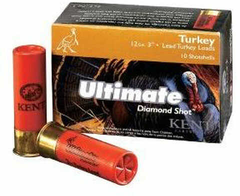 A box of Kent Cartridges 12 Gauge 3.5in 2 1/4 oz Lead Shot Number Five Turkey shells is shown with two red shells in front; the box features a wild turkey image and details about Diamond Shot Turkey Shotshells.