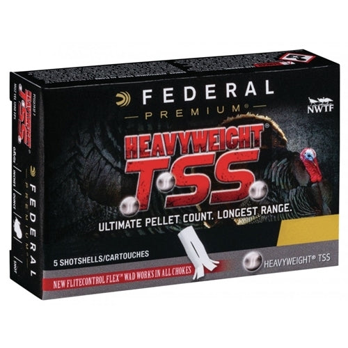 Federal 12 Gauge 5 Rounds Ammunition, 3 1/2, 2 1/2 oz, Turkey #7 & 9 by Federal features a turkey graphic and silver pellets. Pack highlights: Ultimate pellet count. Longest range. Perfect for hunters seeking top performance.