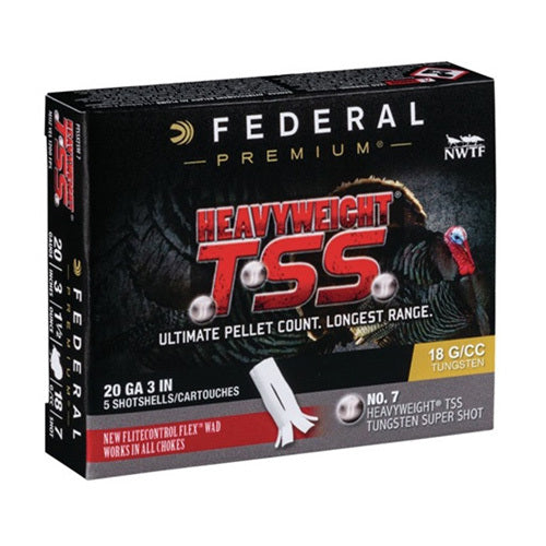 Box of Federal 20 Gauge 5 Rounds Ammunition, 3, 1 1/2 oz., #9 shot, ideal for turkey hunting, featuring product details and federal branding.
