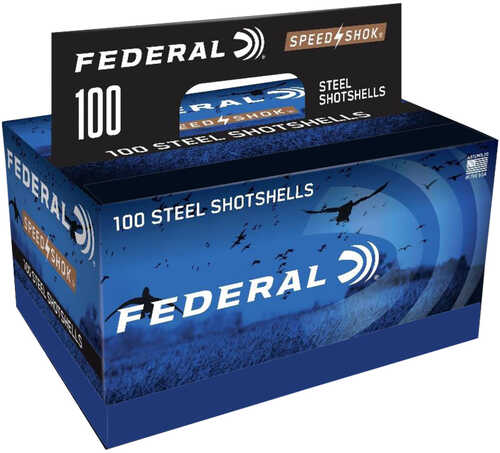 A blue box labeled Federal SpeedShok 12 Gauge 3in 1 1/4 Oz 2 Shot contains 100 steel shotshells. It displays flying ducks and bold white Federal branding on a blue background.
