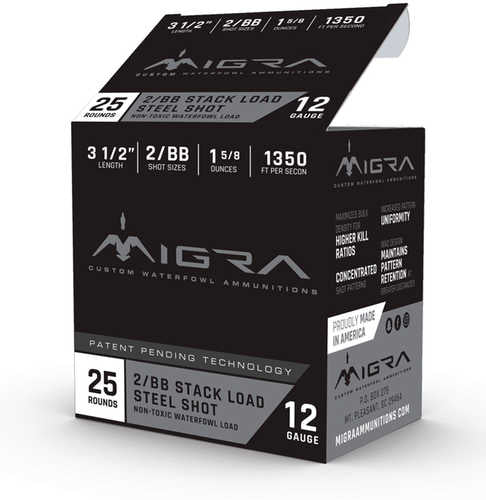 Migra Ammunitions Steel Shotshell Staxd 12 Gauge, 3.5, #2-BB, 1-5/8 oz, 1350 fps, 250 rounds (Model: M-12LS2-BB). Black box with white and silver text.
