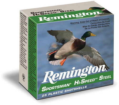 A box of Remington Hi Speed Steel Shot 20 Gauge 3 in #4 Shot 1 oz shotshells (Model: 20881, 250 rounds) features a flying mallard, green/brown text, a child safety warning, and is by Remington.