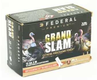 A box of Federal 3rd Degree 12 Gauge 3 Inch 1.75oz Lead Size Four shells by Federal, ideal for turkey hunting. The packaging features turkeys and emphasizes Extreme Knockdown Power. Box contains 10 shotgun shells.