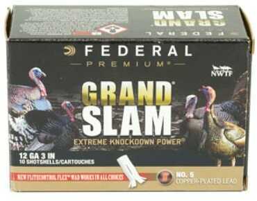A box of Federal 12 Gauge Flight Control Shotshells by Federal, featuring turkey images and Extreme Knockdown Power text. Each box contains 10 rounds, 1.75oz shotshells, copper-plated lead No. 5, 3-inch length.