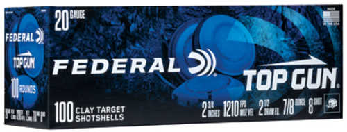 Federal Top Gun 20 Gauge 2.75 Inch 7/8 oz, 100-round box from Federal, ideal for target shooting. Blue packaging displays clay targets and product specs in clear white text.