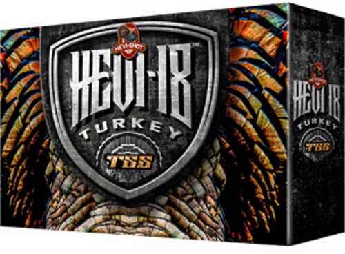 A box of Hevi-Shot Hevi-18 Turkey 12 Gauge 3.5 #7 TSS shells by Environ Metal features a bold metallic logo, turkey feather design, and clear product name on the front; each box contains 5 rounds (HS4507).